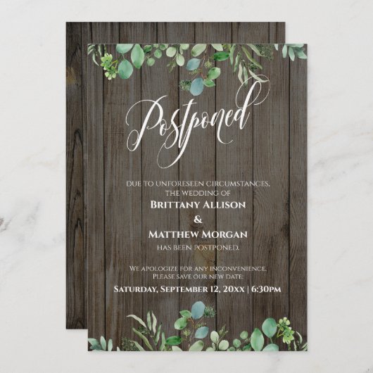 Rustiek hout & Eucalyptus uitgestelde bruiloft Kaa Kaart (Voorkant / Achterkant)