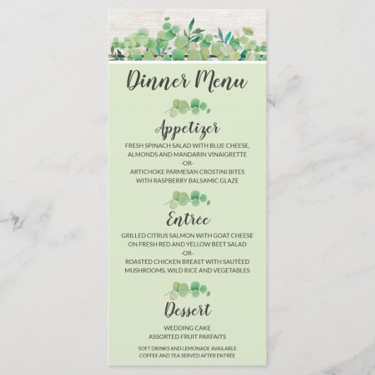 Rustiek hout & Eucalyptusblad botanisch diner Menu (Voorkant)