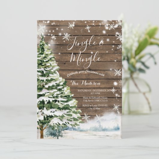 Rustiek hout Evergreen Jingle & Mingle Winter Part Kaart (Staand voorkant)