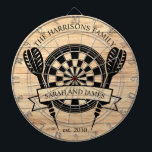 Rustiek Hout Familie Custom Name Wedding Dartbord<br><div class="desc">De Rustic Wood Family Custom Name Wedding Dart Board biedt een charmante en gepersonaliseerde aanvulling op uw bruiloft of interieur. Ontworpen met een rustieke houtnerf achtergrond, kan dit dartbord worden aangepast met de achternaam en trouwdatum van het paar, waardoor een unieke aandenken voor pasgetrouwden ontstaat. Ideaal als een leuk spel...</div>