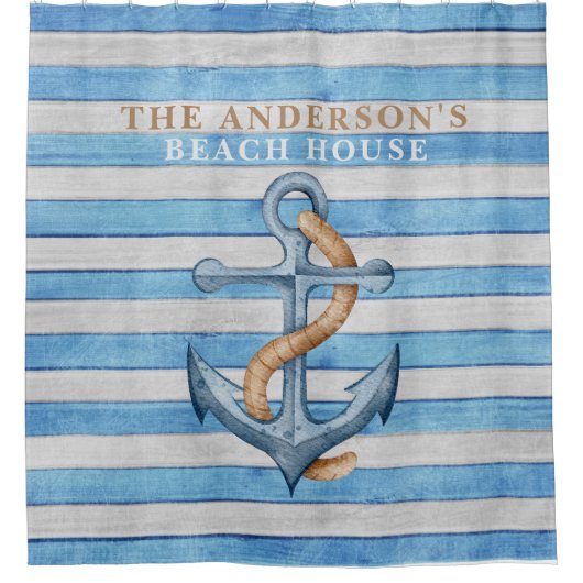 Rustiek hout familie strand huis nautische strepen douchegordijn (Voorkant)