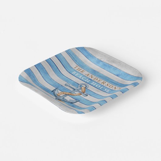 Rustiek hout familie strand huis nautische strepen papieren bordje (Gebogen)