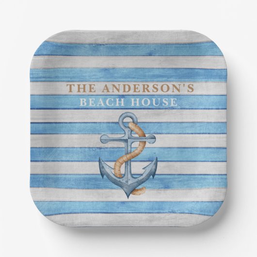 Rustiek hout familie strand huis nautische strepen papieren bordje (Voorkant)