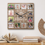 Rustiek Hout Familie Tijd Quote 12 Fotocollage Vierkante Klok<br><div class="desc">Rustic wood fotoklok met de inspirerende familie citeert: "Tijd besteed aan familie is elke seconde waard". Geef twaalf van je favoriete afbeeldingen een persoonlijk tintje.</div>