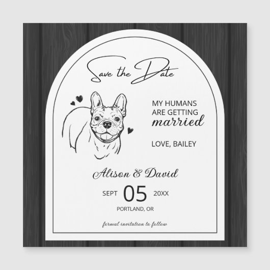 Rustiek Hout Frans Bulldog Bruiloft Save the Date Magnetische Uitnodiging (Voorkant)