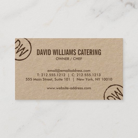 Rustiek hout-gebrande gestempeld monogram op Kraft Visitekaartje (Achterkant)