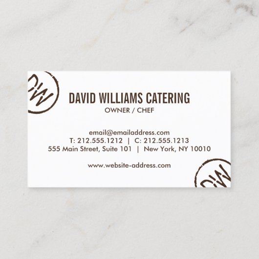 Rustiek hout-gebrande gestempeld monogram op wit visitekaartje (Achterkant)