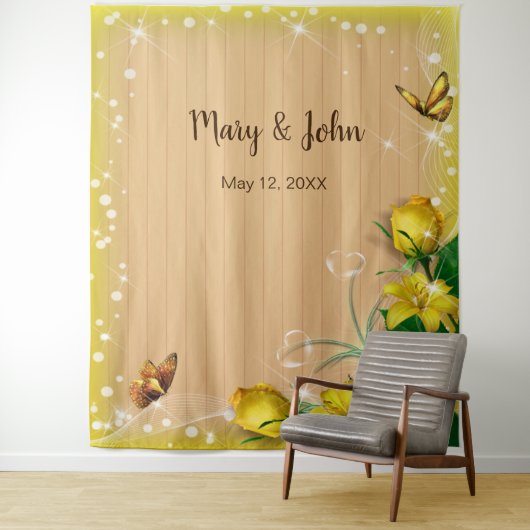Rustiek Hout Geel Bloemen Vlinder Achtergrond Wandkleed (In situ)