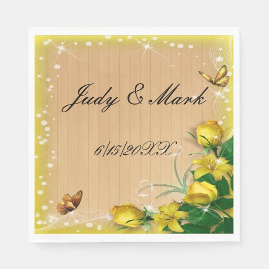 Rustiek Hout Geel Bloemen Vlinder Trouwpapier Servet (Voorkant)
