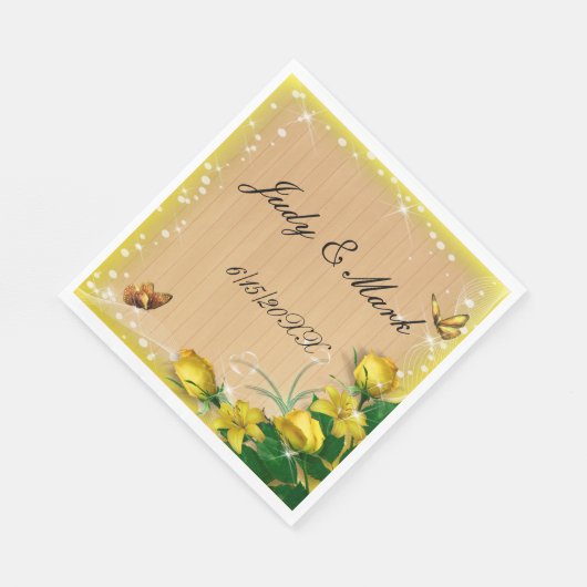 Rustiek Hout Geel Bloemen Vlinder Trouwpapier Servet (Hoek)