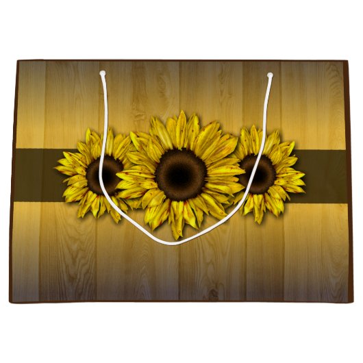 Rustiek hout gele zonnebloem cadeau zak large cadeautasje (Voorkant)