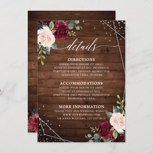 Rustiek Hout Geometrische Bourgogne Bloemen Detail Informatiekaartje (Voorkant / Achterkant)