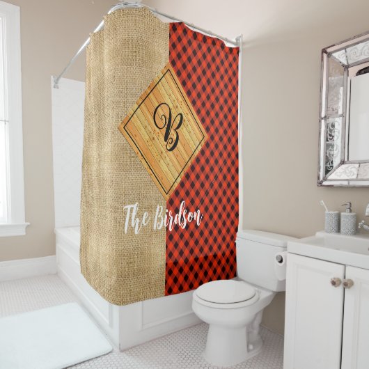 Rustiek hout geplette burlap, naam monogrammed douchegordijn (In situ)