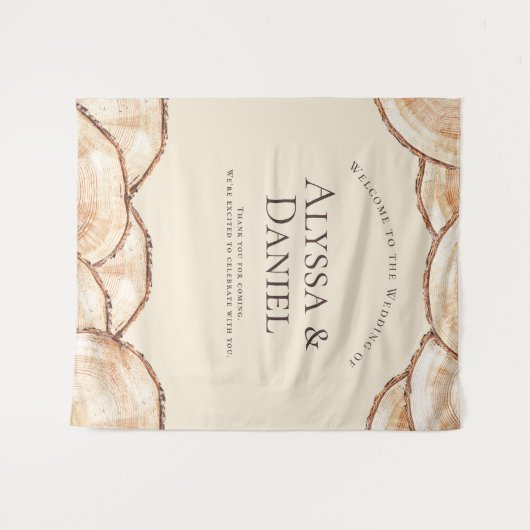 Rustiek hout gesneden plak Custom Namen Bruiloft Wandkleed (Voorkant (horizontaal))