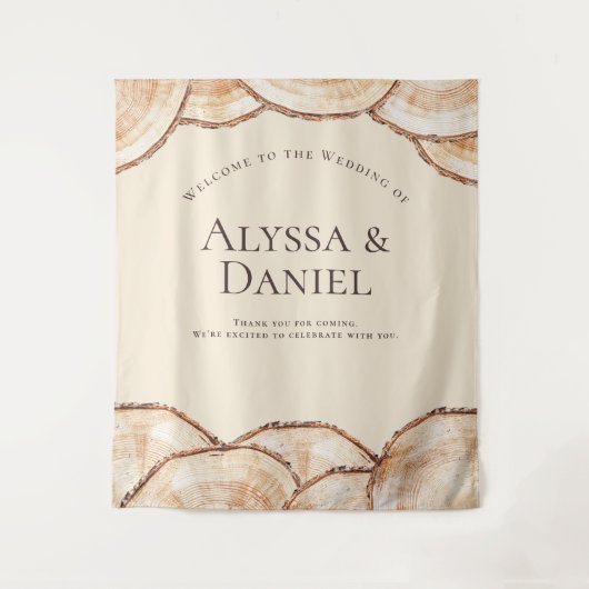 Rustiek hout gesneden plak Custom Namen Bruiloft Wandkleed (Voorkant)