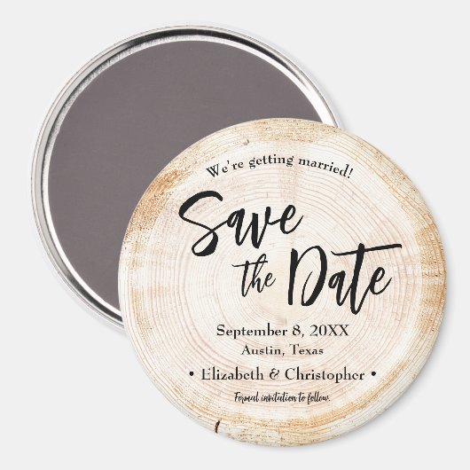 Rustiek hout gesneden slice bruiloft de datum opsl magneet (Voorkant / Achterkant)
