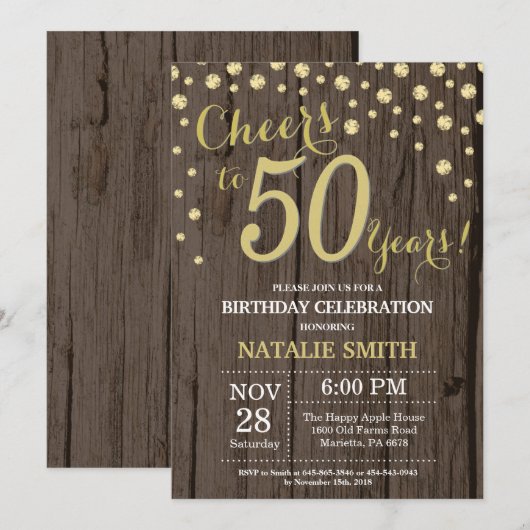 Rustiek Hout Goud 50e Verjaardag Diamant Kaart (Voorkant / Achterkant)