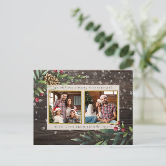 Rustiek Hout & Goud Kerstbessen Vakantiefoto Feestdagenkaart (Staand voorkant)