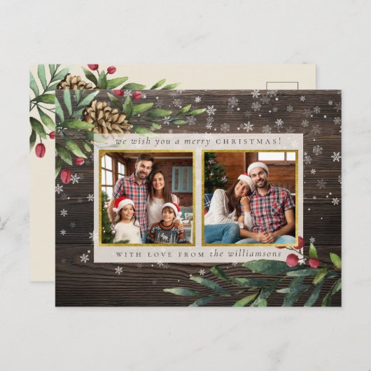 Rustiek Hout & Goud Kerstbessen Vakantiefoto Feestdagenkaart (Voorkant / Achterkant)