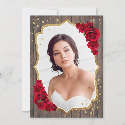 Rustiek Hout Goud Rood Foto Quinceanera Kaart (Achterkant)