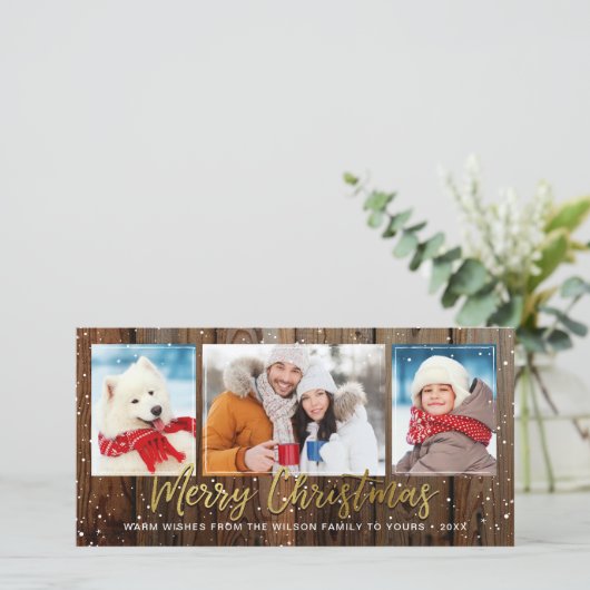 Rustiek Hout Goud Vrolijke Kerstkaarten Feestdagenkaart (Staand voorkant)