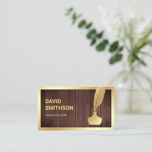 Rustiek Hout Gouden Folie Inkwell Veer Quill Pen Visitekaartje (Staand voorkant)