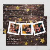 Rustiek Hout Gouden Sterren & Sneeuw | Kerstfoto Feestdagenkaart (Voorkant / Achterkant)