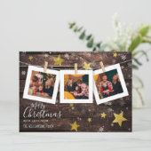 Rustiek Hout Gouden Sterren & Sneeuw | Kerstfoto Feestdagenkaart (Staand voorkant)