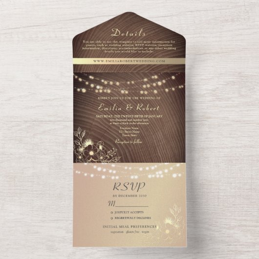 Rustiek Hout Gouden String Lights Wedding All In One Uitnodiging (Binnen)