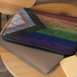 Rustiek Hout Grain Progress Pride Vlag Regenboog Laptop Sleeve