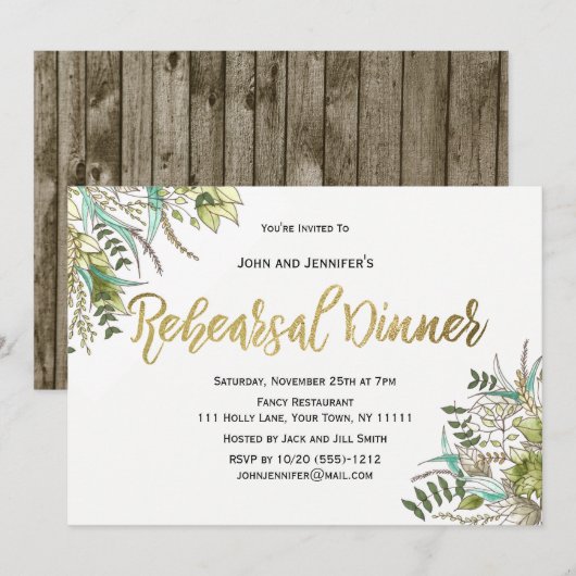 Rustiek hout groen blad gouden repetitie diner kaart (Voorkant / Achterkant)