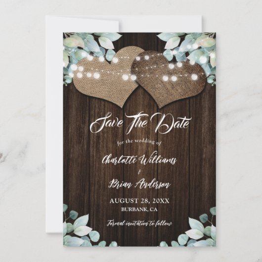 Rustiek Hout Groen Eucalyptus White Lace Wedding Save The Date (Voorkant)