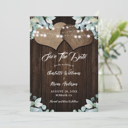 Rustiek Hout Groen Eucalyptus White Lace Wedding Save The Date (Staand voorkant)