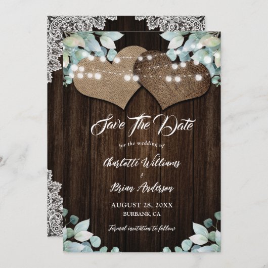 Rustiek Hout Groen Eucalyptus White Lace Wedding Save The Date (Voorkant / Achterkant)