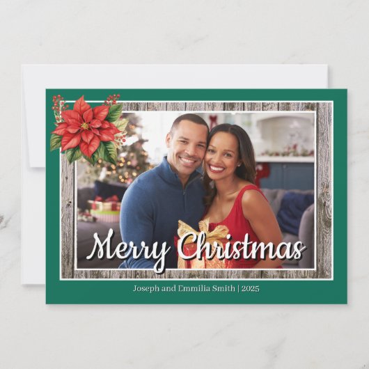 Rustiek Hout Groen Familie Foto Vrolijk Kerstmis Feestdagenkaart (Voorkant)
