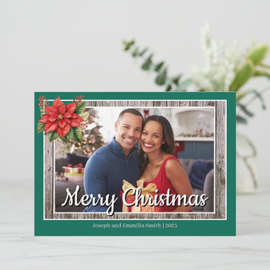 Rustiek Hout Groen Familie Foto Vrolijk Kerstmis Feestdagenkaart (Staand voorkant)
