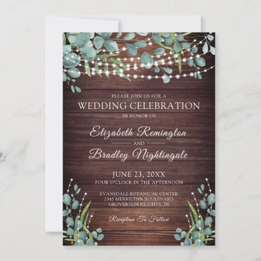 Rustiek hout groen licht bruiloft viering kaart (Voorkant)