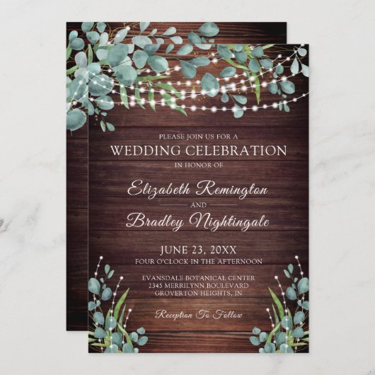 Rustiek hout groen licht bruiloft viering kaart (Voorkant / Achterkant)