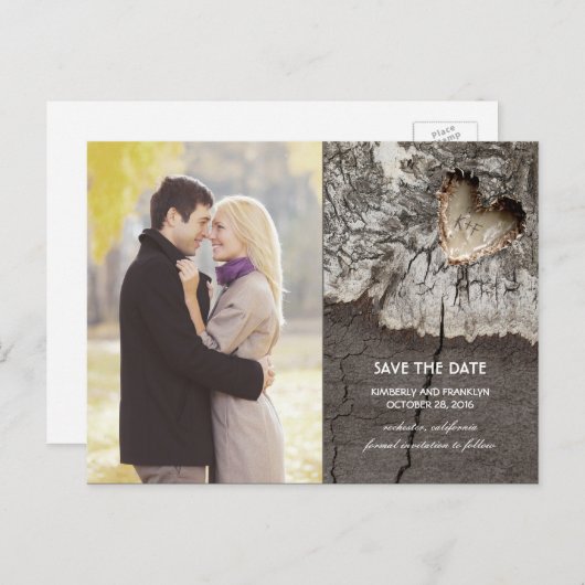 Rustiek Hout Hart Berkenbast Foto Save the Date Aankondigingskaart (Voorkant / Achterkant)