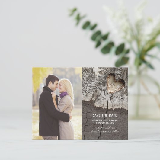 Rustiek Hout Hart Berkenbast Foto Save the Date Aankondigingskaart (Staand voorkant)