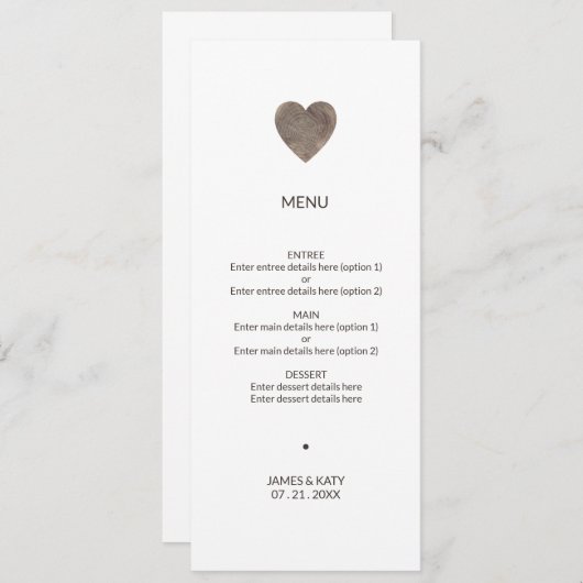 Rustiek hout hart bruiloft menu (Voorkant / Achterkant)