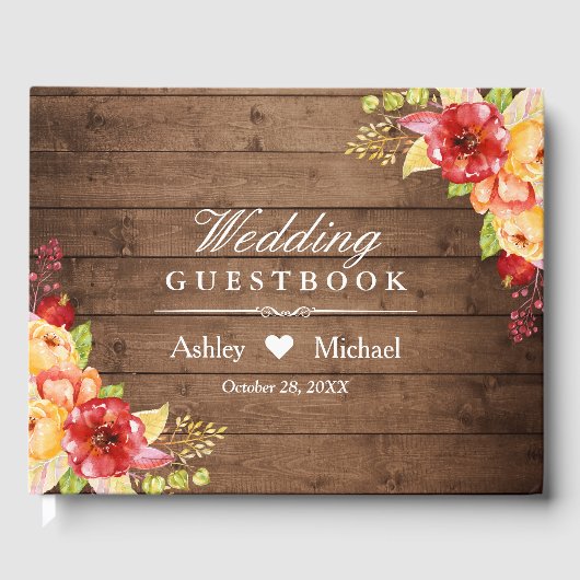 Rustiek Hout Herfst Bladeren Bloemen Huwelijk Gastenboek (Voorkant)