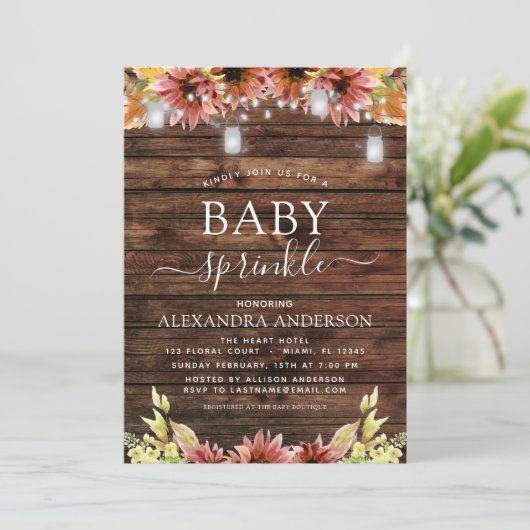 Rustiek Hout Herfst Zonnebloemen Baby Sprinkle Sho Kaart (Staand voorkant)