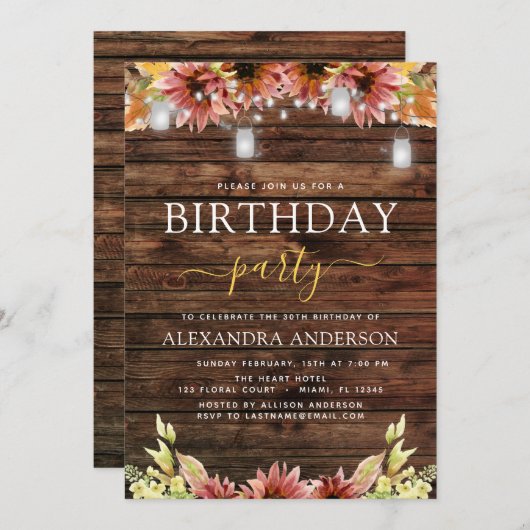 Rustiek Hout Herfst Zonnebloemen Verjaardagsfeest Kaart (Voorkant / Achterkant)