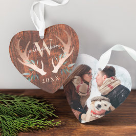 Rustiek Hout Herten Antler & groen Monogram Foto Ornament