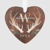 Rustiek Hout Herten Antler & groen Monogram Foto Ornament (voorkant)