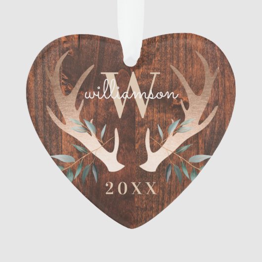 Rustiek Hout Herten Antler & groen Monogram Foto Ornament (voorkant)