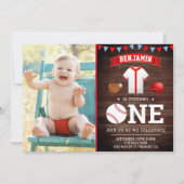 Rustiek hout honkbal eerste verjaardag partij foto kaart (Voorkant)