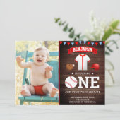 Rustiek hout honkbal eerste verjaardag partij foto kaart (Staand voorkant)