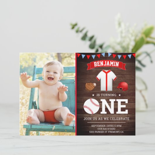 Rustiek hout honkbal eerste verjaardag partij foto kaart (Staand voorkant)
